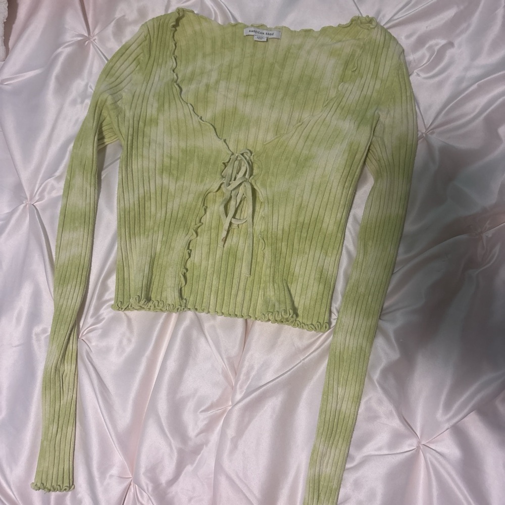 Green Ribbed Tie-Front Sweater